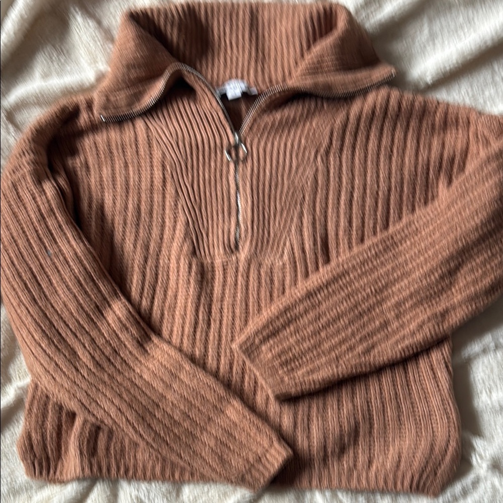 Brown Ribbed Cowl Neck Sweater with Half-Zip